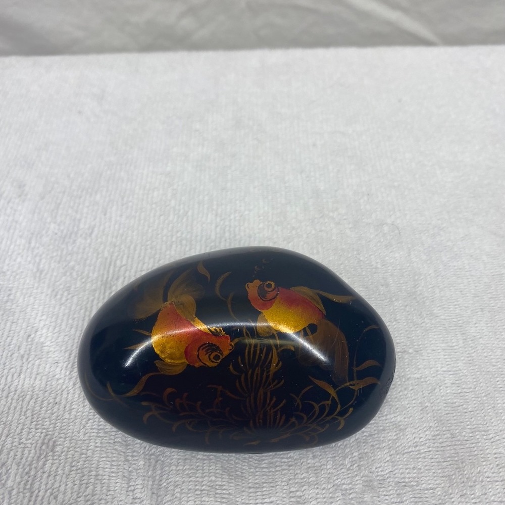 Vintage Japanese Lacquer Goldfish Paperweight Hand Painted Black Gold Koi Stone